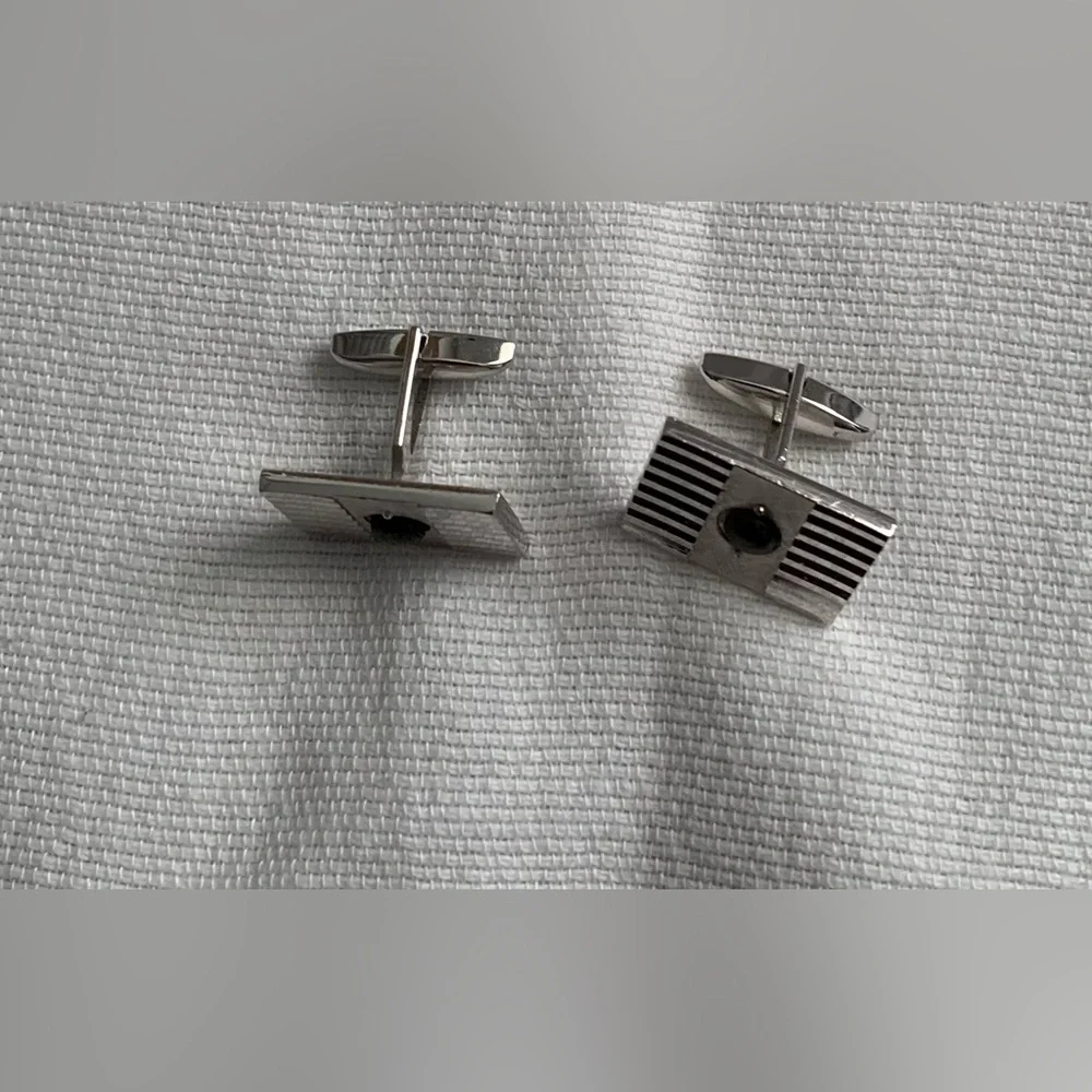 Vintage Silver-Tone Rectangular Cufflinks with Black Center Stone